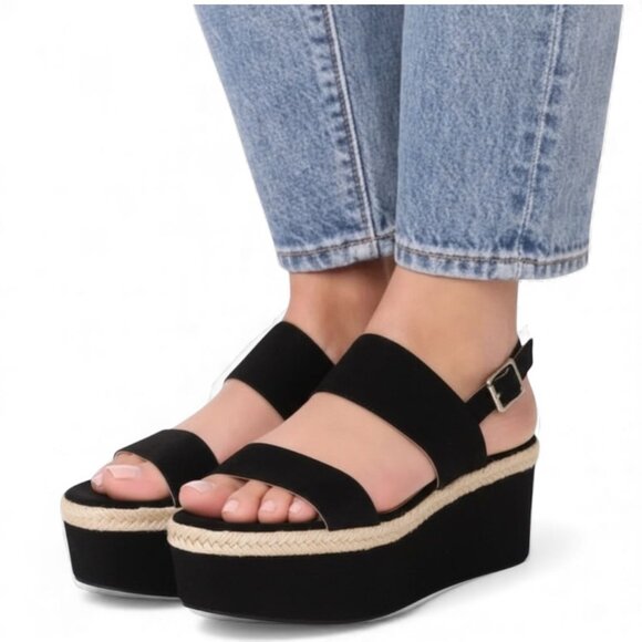 Alice + Olivia Anastasia Flatforms Suede Platform Sandals Jute Trim Black  7.5 - Picture 1 of 13
